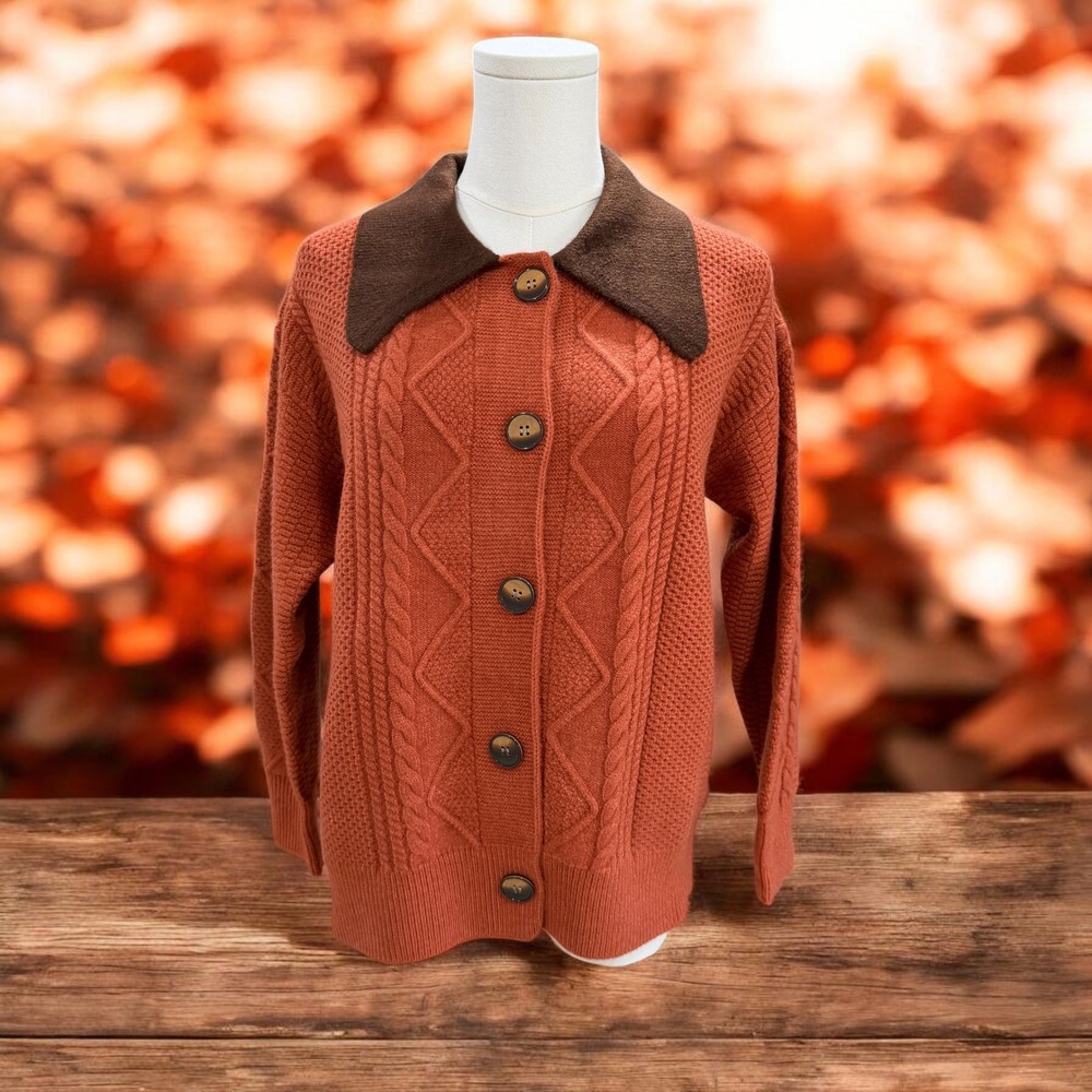 Burnt Orange Cable Knit Cardigan Contrast Collar Cottagecore Fall Cozy‎ Knitwear
